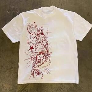 Gildan Men White T-Shirt, White And Red Graphic Tee With A Unique